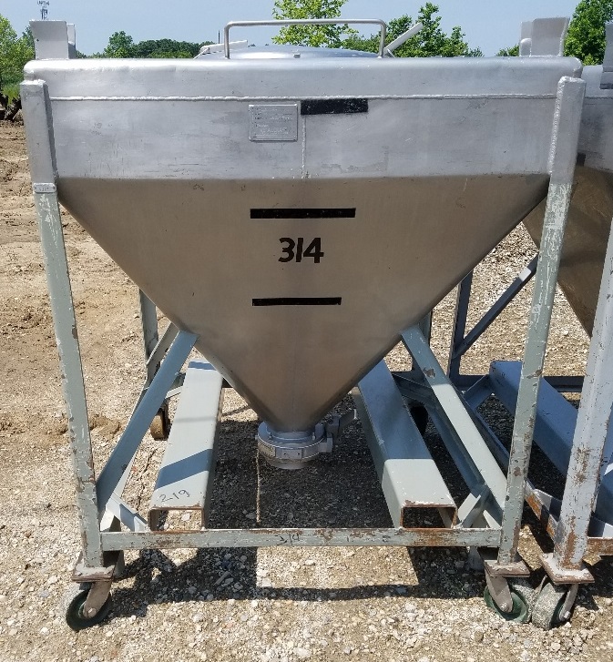 (6) Approx 20 cu.ft. Stainless Steel tote/hopper tank (~150 gal). Stackable and portable on wheels. 3'6